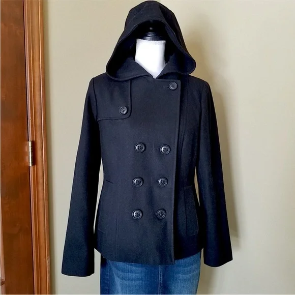 NAUTICA Black Hooded Wool Double Breasted Peacoat - Picture 2 of 13